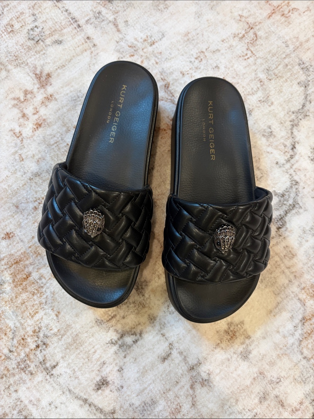 Kurt Geiger Black Quilted Slide Sandals with Metallic Emblem